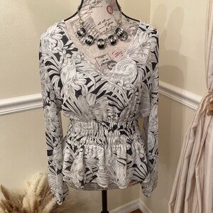 White House Black Market Monochrome Floral Blouse